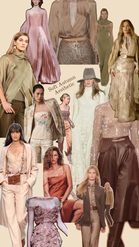 Soft Autumn Color Palette Aesthetic Outfits Ideas Colour Analysis - Moodboard, Inspiration.  #softautumn#inspiration#coloranalysis Soft Summer Autumn Color Palette, Soft Summer And Soft Autumn, Warm Autumn Dress, Soft Autumn Street Style, Soft Autumn Business Outfit, Soft Autumn Color Palette Aesthetic, Soft Autumn Outfits Color Palettes, Soft Autumn Color Palette Clothes, Edgy Soft Autumn Outfits