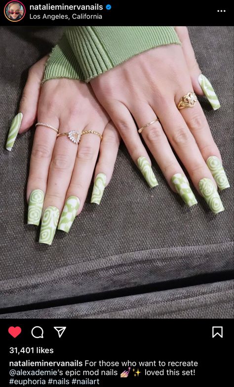 Maddy’s green nails. Euphoria season 2 Maddi Nails Euphoria, Maddie Perez Green Outfit, Maddy Green Nails, Maddies Nails From Euphoria, Maddie Perez Nails Euphoria, Maddy Nails Euphoria Season 2, Mandy Euphoria Nails, Maddy Euphoria Makeup Season 2, Nail Designs Euphoria