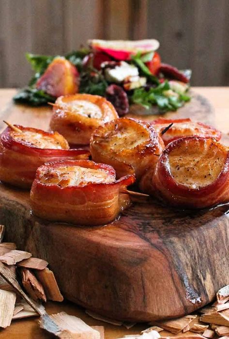 Grilled and smoked bacon wrapped scallops brushed with an alder wood smoked maple syrup. These scallops are creamy and tender with just enough smokey-sweet flavor from the cherry hardwood grill. Everything is better with bacon, give these scallops a try! #scallops #grillingrecipes #seafoodrecipes Bacon Wrapped Scallop Recipes, Scallop Wrapped In Bacon, Bacon Wrapped Scallop Appetizer, Smoked Bacon Wrapped Scallops, Bacon Wrap Scallops In Oven, Maple Bacon Wrapped Scallops, Grilled Bacon, Air Fryer Baked Potato, Cook Fish