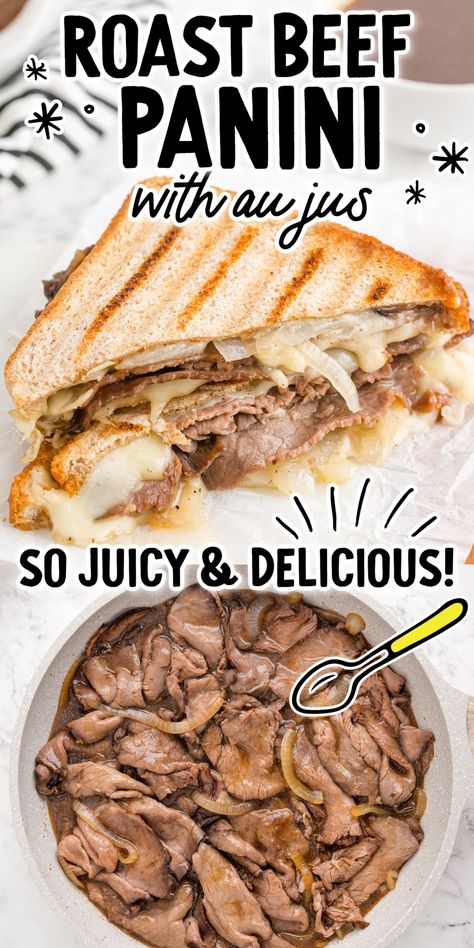 Cheesy and warm, these roast beef panini with au jus sandwiches are tasty and a delicious option for a quick lunch. Roast Beef Panini, Homemade Roast Beef, Best Panini Recipes, Juicy Roast Beef, Panini Press Recipes, Jus Recipe, Au Jus Recipe, Tender Roast Beef, Best Roast Beef