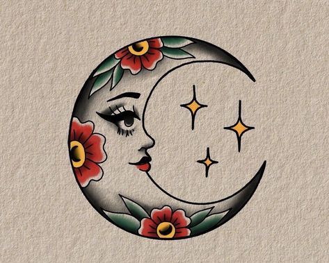 Moon Tattoo Designs Traditional, American Trad Sun Tattoo, American Trad Moon Tattoo, Colour Moon Tattoo, Mini American Traditional Tattoo, American Traditional Mystical Tattoo, Celestial Traditional Tattoo, Groovy Traditional Tattoo, Neo Traditional Sun And Moon Tattoo