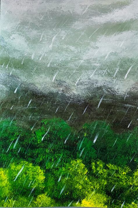 A rainy day scenery on green landscape, with gloomy rain falls from the cloudy sky Raining Aesthetic Painting, Rainy Day Landscape Paintings, Rain Canvas Painting Easy, Rainy Painting Aesthetic, Rainy Weather Painting, Rainy Night Painting Easy, Rainy Sky Drawing, Easy Rain Painting Ideas, Rainy Day Watercolor Painting Easy