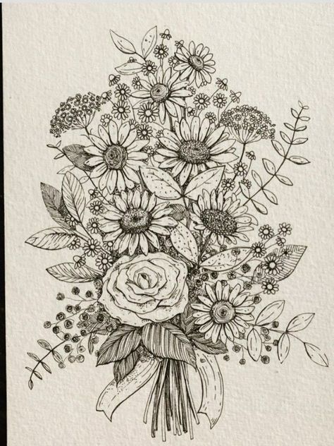 Flower Bouquet Drawing Realistic, Sketch Flower Bouquet, Flower Drawings Bouquet, Floral Arrangement Drawing, Bouquet Drawing Reference, Wild Flower Bouquet Drawing, Flower Arrangements Drawing, Different Types Of Flowers Drawing, Flower Drawing Inspiration