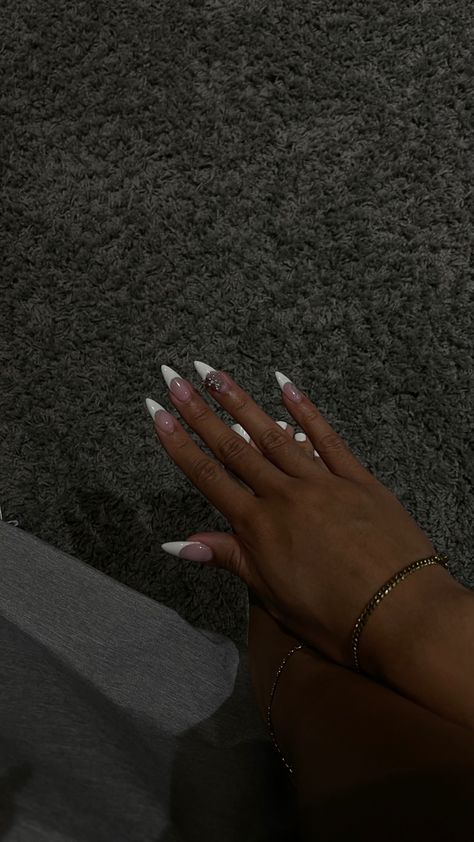 french tip, long almond Deep White French Tip Nails Almond, Pointy Almond Nails Long, Long French Almond Nails, Short Medium Almond Nails, Thick French Tip Nails Almond, Slanted French Tip Nails, Low French Tip Nails, Acrylic Nails White French Tip, Yellow And Brown Nails