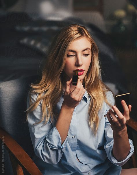 Beautiful blonde Caucasian woman applying red lipstick. Applying Red Lipstick, Women Lipstick, Skin Medica, How To Apply Lipstick, Anti Wrinkle Cream, Lip Fillers, Blonde Women, Wrinkle Cream, Ingrown Hair