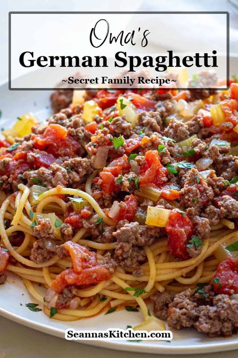 Oma's Secret Spaghetti 🍝 This classic German spaghetti recipe is a family favorite! Quick, easy, and oh-so flavorful, this ground beef pasta sauce is ready in just 30 minutes. Perfect for busy weeknights! #germanspaghetti #comfortfood #easyrecipes