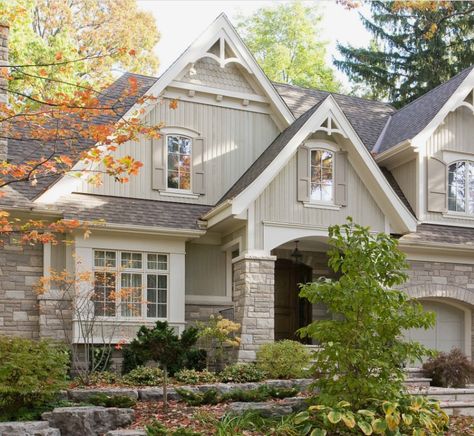 English Cottage Craftsman, David Small Designs, Craftsman Country Home, Country Craftsman Exterior, Taupe Craftsman Exterior, Gables On House Exterior Craftsman, House Design Craftsman, Stone Craftsman Exterior, Two Color Exterior Homes