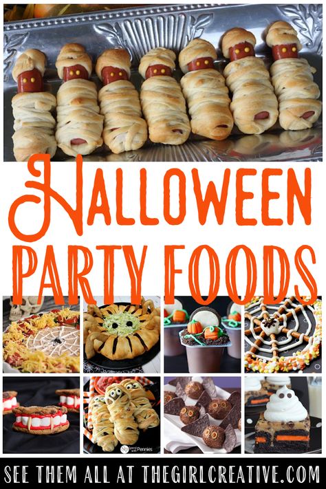 From appetizers to dips to treats - lots of delicious Halloween Party Foods to choose from. Halloween Party Finger Foods, Fun Halloween Party Food, Halloween Dip, Halloween Food Snacks, Halloween Dance Party, Desserts Dips, Halloween Party Foods, Halloween Finger Foods, Halloween Finger