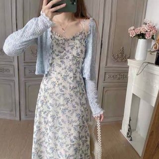 Shinobu - Square-Neck Floral Midi Dress | YesStyle Korean Long Dress, Long Dress Elegant, Long Dresses Elegant, Womens Dress Suits, Sleeveless Dresses, Dresses Blue, Korean Dress, Blue Floral Print, Dress Elegant