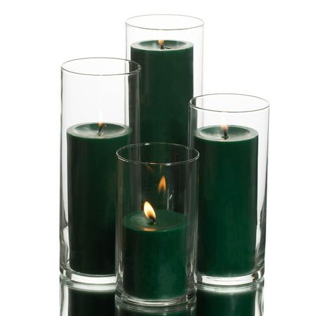 This ready to use graduated set of 4 Eastland Cylinder Vases with 4 Richland Pillar Candles Dark Green takes the guessing out of decorating! With tiered sizes that add dimension to your table, this set is simply perfect! The beautiful, dramatic effect of crystal clear glass and pillar candles can illuminate and delight any location. Possibilities abound in this set! Perfect for Home, Weddings, Churches, Restaurants, and Events. Our Richland Pillar Candles are just under 3" wide, Unscented, Clean Dark Green Candles, Green Candles, Home Weddings, Candles Dark, Crystal Clear, Pillar Candles, Dark Green, Candles, Glass