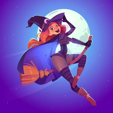 Free Vector | Beautiful witch, redhead woman in spooky hat flying on broom in night sky Easy Digital Art Ideas, Easy Digital Art, Witch Flying On Broom, Digital Art Ideas, Shaman Woman, Creepy Animals, Halloween Party Night, Greeting Poster, Party Cartoon