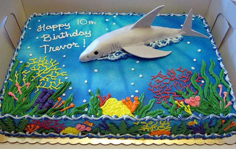 Coral reef cake. Wish I could have this kind of cake for my b-day! Aquarium Theme Birthday Party, Under The Sea Sheet Cake, Shark Sheet Cake, Coral Reef Cake, Reef Cake, Cake Under The Sea, Aquarium Cake, Sea Birthday Cake, Shark Birthday Cake