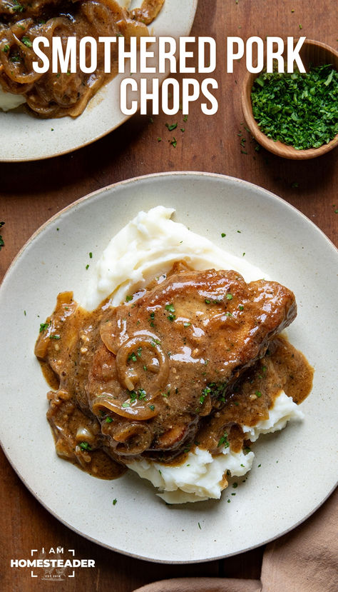 a large white plate has a pile of mashed potatoes with a smothered pork chop on top of them. Thick Cut Pork Chop Recipes, Buttermilk Gravy, Pork Loin Chops Recipes, Oven Pork Chops, Turkey Chops, Perfect Pork Chops, Southern Cooking Recipes, Pork Chops And Gravy, Tender Pork Chops