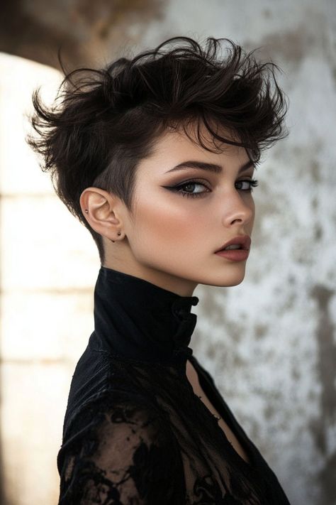 edgy short haircuts Short Hairstyle Women With Money Pieces, Black And Grey Hair Short, Dark Hair Pixie, Sassy Pixie Haircut, Short Edgy Haircuts, Black Pixie Haircut, Woman Short Haircut, Badass Haircut, Cool Short Hair