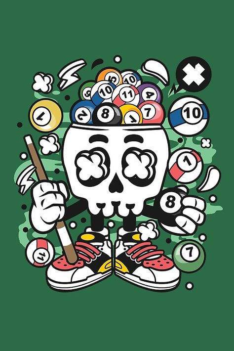 Billiard Skull Cartoon Character - Fun for people who live pool - snooker - billiard - Fun! Billiard Wallpaper, Billards Art, Billiards Art, Skull Cartoon, Doodle Wall, Cornhole Designs, Trill Art, Graffiti Style Art, Photo Wall Collage