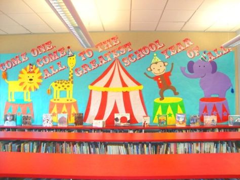 circus theme classroom | ... All to the Greatest School Year of All" circus theme bulletin board Circus Bulletin Boards, Carnival Classroom, Circus Classroom, Circus Activities, Theme Carnaval, Come One Come All, Library Themes, Class Theme, School Displays