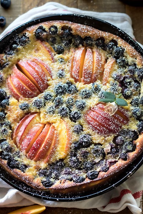 Blueberry and Nectarine Clafouti Recipe by URBAN BAKES Nectarine Breakfast Recipes, Baking With Nectarines, Nectarine Recipes Gluten Free, Nectarine Breakfast, Nectarine Clafoutis, Baked Nectarines, Nectarine Dessert, Blueberry Muffin Topping, Clafoutis Recipe