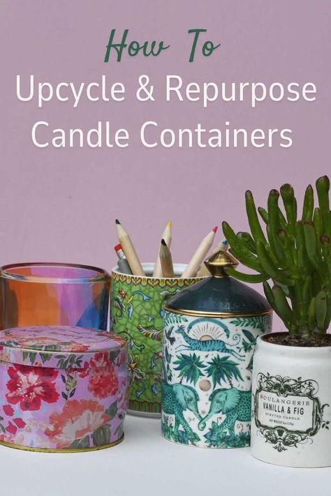 a collection of upcycled and repurposed candle containers Candle Container Ideas, Repurposed Candle Jars, Candy Jar Decor, Funky Diy, Repurpose Candle Jars, Beer Candles, Candle Repurpose, Candle Upcycle, Stash Containers