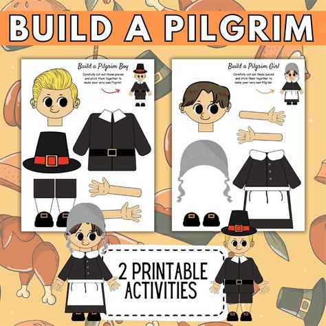 Build A Pilgrim Kids Crafts Activity, Thanksgiving DIY Craft, Festive Pilgrim Printable, Two Printable Activities For Kids, Kids Crafts by GabbieGrayDesigns on Etsy Pilgrim Activities, Pilgrim Crafts, Prep Girl, Thanksgiving Crafts Diy, Thanksgiving Pilgrims, Thanksgiving Activities For Kids, Thanksgiving Projects, Craft Templates, Thanksgiving Crafts For Kids