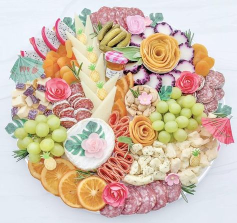 Charcuterie Boards, Grazing Trays, Snack Platters, Meat, Cheese, and Beyond | A tropical themed board I created for a summertime Luau party a few years ago | Facebook Snack Platters, Charcuterie Appetizers, Snack Platter, Tropical Baby Shower, Tiki Hut, Charcuterie Recipes, Tiki Party, 25th Birthday, Cheese Plate