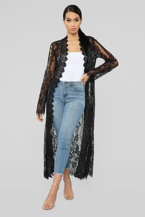 Caught In My Feelings Lace Kimono - Black Long Lace Kimono Outfit, Formal Long Black Kimono, Black Lace Cardigan Outfit, Elegant Long Lace Kimono, Black Kimono Outfit, Black Lace Kimono Outfit, Black Sheer Kimono Outfits, Lace Cardigan Outfit, Lace Kimono Outfit