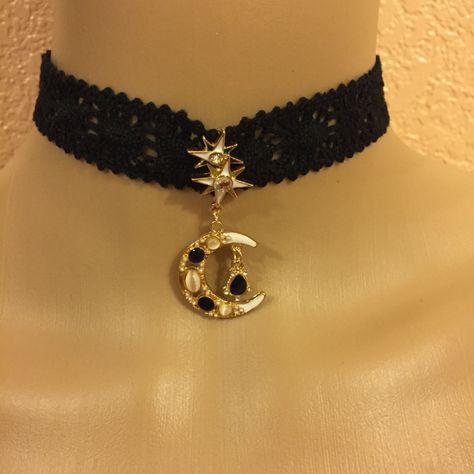 This Star And Crescent Moon Celestial Choker Is A Wonderful Addition To Your Wardrobe And Your Style! A Fun And Unique Piece! Star Related Outfits, Moon And Star Accessories, Space Themed Accessories, Moon Themed Clothes, Moon Themed Outfits, Celestial Corset, Starry Accessories, Astrology Accessories, Celestial Accessories