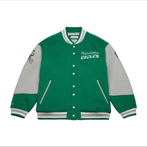 Authentic Mitchell & Ness Eagles Varsity Jacket Purchased At Eagles Pro Shop On Day One Release New With Tags. Eagles Jacket, Eagles Team, Nfl Philadelphia Eagles, Washington Football, Jersey Outfit, New York Islanders, Trail Blazers, Vintage Jerseys, Letterman Jacket