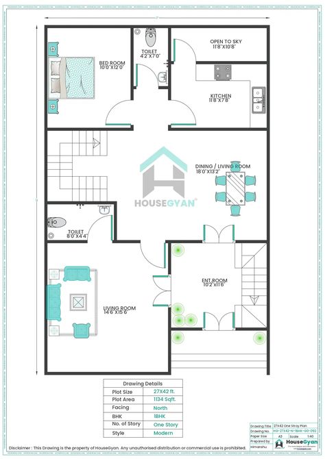 27X42 North Facing 1BHK Ground Floor House Plan | 1134 Sqft Plot Floor Plan 1bhk House Plan, Ground Floor House, Price Calculator, Party Logo, House Drawing, Diy Home Repair, Family Living, Maximize Space, Home Loans