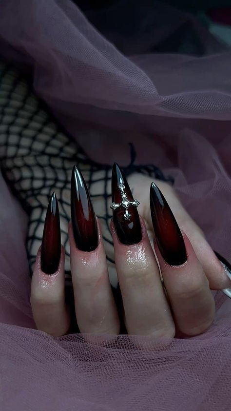 Gothic Nails Inspiration, Gothic Stilletos Nails, Sharp Coffin Nails, Emo Wedding Nails, Satanic Nails Designs, Goth Stilleto Nail, Gothic Cathedral Nails, Gothic Holiday Nails, Hozier Nails Ideas