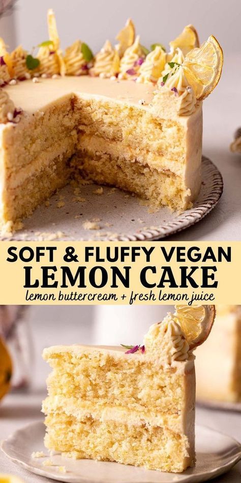 Fluffy vegan lemon cake made with fresh lemon juice and zest! This cake is easy to make, uses only common pantry ingredients and comes together in one bowl (plus the frosting). Lemon Cake With Lemon Curd, Vegan Lemon Curd, Cake With Lemon Curd, Vegan Pies, Vegan Lemon Cake, Vegan Birthday, Vegan Birthday Cake, Vegan Frosting, Lemon Cream Cheese Frosting