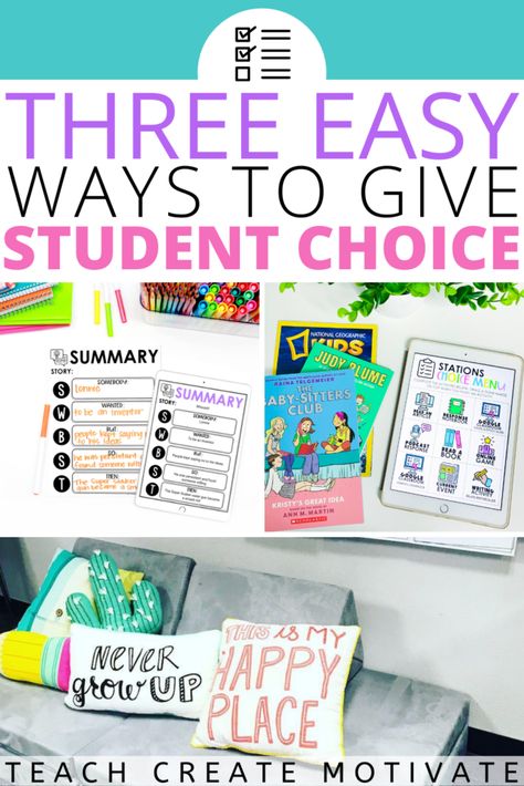 Effective classroom management and student choice go hand in hand. Student choice gives students a voice and a sense of ownership in the classroom. There are many simple ways to give choice in the classroom daily. Read for three easy ways to start giving choice if it isn't something you usually do! (elementary, Kinder, Kindergarten, 1st grade, 2nd grade, 3rd grade, 4th grade, 5th grade, classroom ideas, teacher tips, classroom management, choice menus) Student Choice In The Classroom, Small Group Organization, 5th Grade Classroom Ideas, Books Organization, Student Centered Classroom, Student Centered Learning, Effective Classroom Management, Student Voice, Student Choice