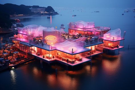 A large waterfront floating restaurant is a wide-format AI artwork made by using Midjourney. Floating Restaurant Design, Singapore Things To Do, Singapore Attractions, Floating Architecture, Floating Restaurant, Floating Hotel, Hotel Beach, Singapore Hotels, Waterfront Restaurant