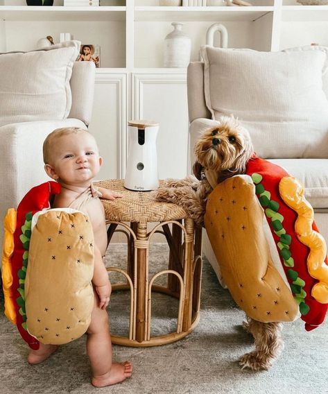 This cute toddler halloween costume with the dog is so dang cute!!! There's nothing cuter than baby halloween costumes, except when the baby & dog match! Cute Toddler Halloween Costumes, Matching Mommy Daughter, Baby And Dog, Krista Horton, Dog Camera, Dog Match, Pet Camera, We Go Together, Toddler Halloween Costumes