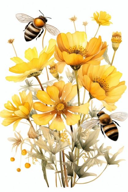 Abeilles Et Aquarelle De Fleurs | Premium Photo #Freepik #photo #cire-39-abeille #apiculture #abeilles #feconder Album Scrapbooking, Premium Photo, Graphic Illustration, Bee, Scrapbooking, Quick Saves, Graphic Illustrations