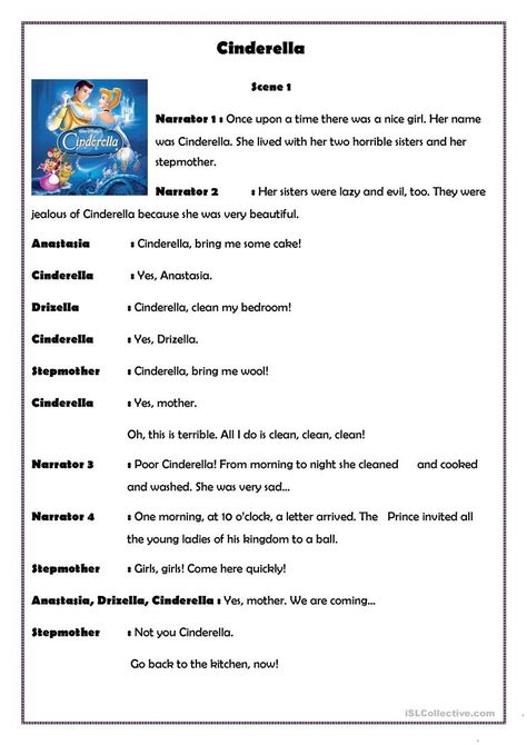 Cinderella - English ESL Worksheets for distance learning and physical classrooms Cinderella Play Script, English Drama Script, Esl Exercises, Role Play Scripts, Short Drama Script, Play Scripts For Kids, Drama Script, Cinderella Play, Acting Monologues