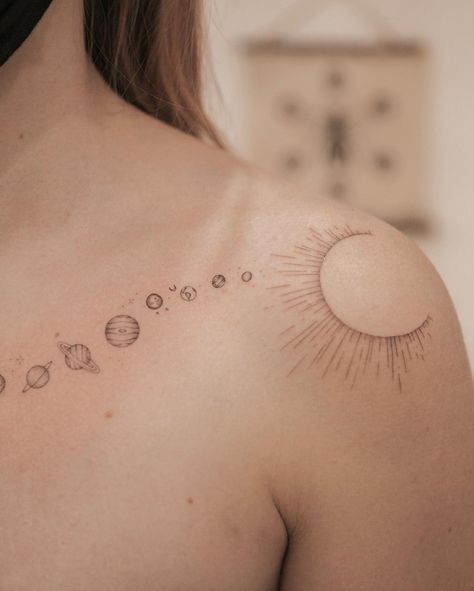 Sun Moon Stars Planets Tattoo, Solar System Tattoos, Sun And Planets, Solar System Tattoo, Planet Tattoos, Space Tattoo, Book Tattoo, Sun Tattoo, Sun Moon Stars