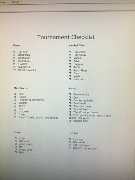 Baseball tournament checklist Tournament Baseball Mom, Baseball Tournament Snack Ideas, Tournament Food For Kids, Baseball Tournament Food Ideas, Baseball Mom Necessities, Baseball Tournament Snacks, Softball Tournament Packing List, Baseball Bags For Moms, Hockey Tournament Packing List