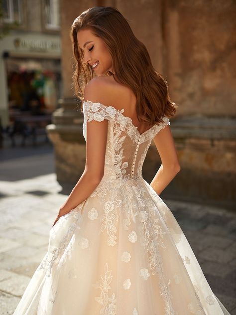 Moonlight Couture H1487 gathers all the romantic elements of a wedding gown that you could think of: off-shoulder neckline, floral lace details, beadings, and an illusion back design. This is THE romantic A-line wedding dress that people will be staring at in complete awe and admiration. #weddingdress #laceweddingdress #alineweddingdress Off Shoulder Illusion Wedding Dress, Moonlight Couture, Bride Stuff, Princess Bridal Gown, Couture Wedding Gowns, Floral Wedding Dress, Cute Wedding Dress, Pretty Wedding Dresses, Wedding Ideas Dresses