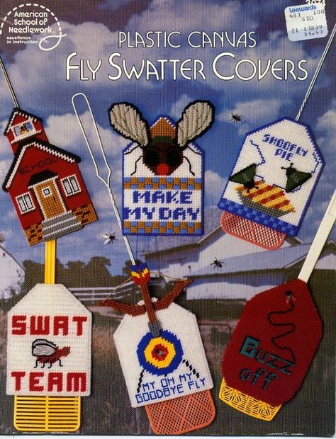 Plastic+Canvas+Fly+Swatter+Covers+Patterns+American+School+of+Needlework+3074 Fly Swatters, Dollhouse Rug, Fly Swatter, Plastic Canvas Pattern, Checkbook Covers, Plastic Mesh, American School, Plastic Canvas Crafts, Canvas Projects