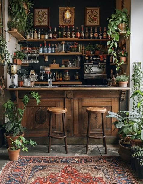 Small Bar Interior Design Pub, Coffee Shop Office Design, Speakeasy In House, Cozy Pub Aesthetic, Home Bar And Lounge, Pub Shed Interior Ideas, 70s Home Bar, Cozy Cafe Ideas, Whimsical Coffee Shop