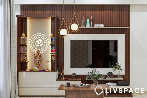 hall-tv-showcase-with-pooja-room Tv Showcase Design, Mandir Designs, Pooja Unit, Kitchen Cabinetry Design, Guest Bedroom Design, Mandir Design, Study Room Design, Modular Kitchen Designs, Interior Design Your Home