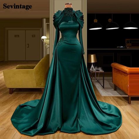 High Neck Prom Dresses, Formal Dresses Cheap, Evening Dresses Long Sleeve, High Neck Prom Dress, Green Prom, Satin Evening Dresses, Cheap Evening Dresses, Braut Make-up, Long Sleeve Prom