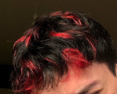 Bright Red Hair Men, Red Tips Short Hair, Red Highlights Men Hair, Red Highlights In Brown Hair Men, Red Highlights On Dark Hair Men, Hair Dye Ideas Short Hair Boy, Men’s Hair Dye Ideas, Dyed Mens Hair, Red Hair Men Dyed