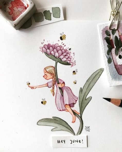 Sue Rahel, Welcome June, Artist Watercolor, Karakter Disney, Book Illustration Art, Watercolor Art Lessons, Arte Inspo, Amazing Art Painting, Cute Little Drawings