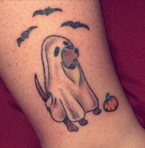 #ghostdog #halloween #tattoo Dog Halloween Tattoo, Ghost Dog Tattoo, Stick Poke, Bat Dog, Tattoos Inspiration, Bat Tattoo, Ghost Tattoo, Halloween Tattoo, Ghost Dog