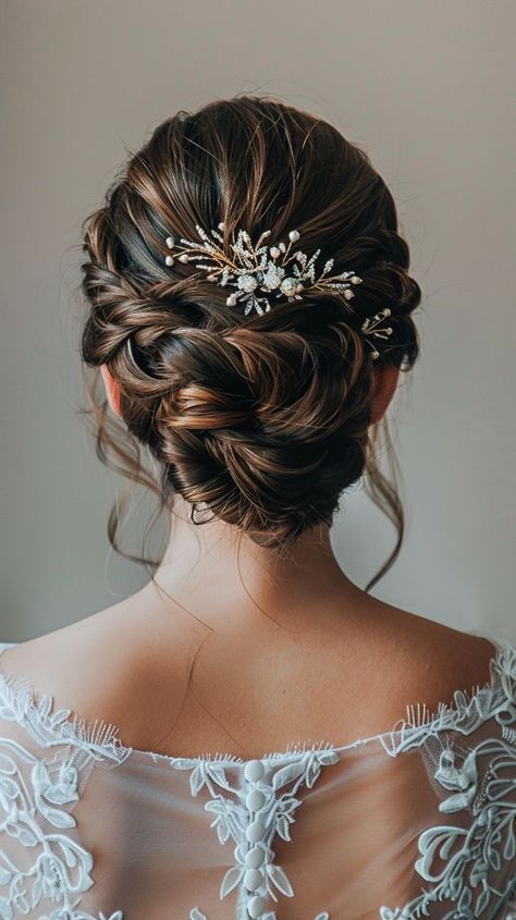 Wedding Hairstyles For Updo, Bridal Hair Updo With Veil Headpieces, Wedding Hairstyles Updo Brunette, Modest Wedding Hairstyles, Wedding Updo Headband, Wedding Hairstyle Dark Hair, Updo Hairstyles With Hair Pieces, Wedding Updos Ponytails, Bride Hair With Hair Piece