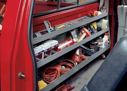 Pick-Up Truck Backwall Storage System Pickup Truck Tool Storage Ideas, Truck Cab Organization, Truck Back Seat Storage, Extended Cab Truck Storage, Truck Bed Hooks, Front Seat Truck Storage With Cup Holders, Work Truck Storage, Truck Bed Organization, Pickup Trucks Camping