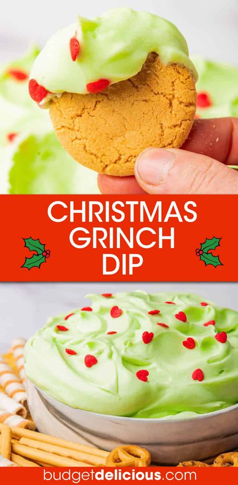 Need an easy Christmas dip? This no cook 6 ingredient Grinch dip is a fun and festive Christmas appetizer, dessert or snack thats comes together in less than 10 minutes. Great as a part of Christmas dessert board, tree decorating party, or when watching the How the Grinch Stole Christmas movie.rnThis cream cheese make ahead dip is a great appetizer, snack, cold party dip, dessert for Christmas Holiday parties and Christmas parties. Get the Grinch Dessert Dip #christmas #dip #grinch #appetizer Easy Festive Christmas Appetizers, Grinch Movie Snacks, Grinch Dip Cream Cheeses, Christmas Taco Dip, Grinch Dip Recipe, No Bake Dips, Christmas Theme Appetizers, Cold Christmas Appetizers, Snacks For Christmas Party