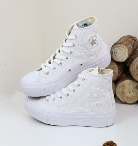 Custom Wedding Platform Shoes/ White Flowers Embroidered Sneakers for Bride/ Embroidered Wedding Reception Shoes/personalized Bridal Sneaker - Etsy Wedding Reception Shoes, Wedding Converse Bride, Sneakers For Bride, Platform Shoes White, Wedding Platform, Reception Shoes, Embroidered Sneakers, Wedding Dates, Wedding Shoes Platform