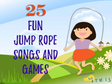 The ulimate list of 25 jump rope songs, rhymes, and games. Enjoy some traditional jump rope songs as well as some catchy new songs. Hours of entertainment Jump Rope Rhymes, Jump Rope Songs, Jump Rope Games, Physical Literacy, Recess Games, Funny Jump, Elementary Physical Education, Diy Yard Games, Kid Games